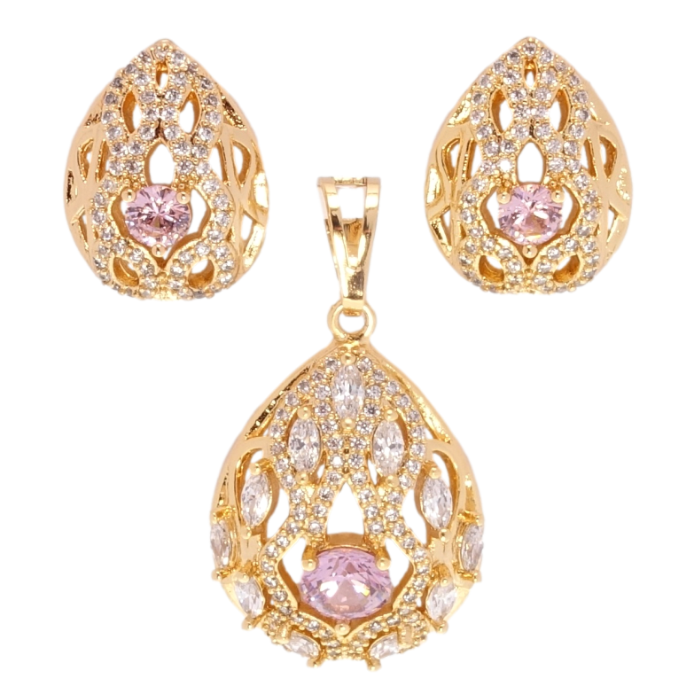 Набір Xuping Позолота 18K Сережки Кулон Елегантні крапельки з цирконієм і рожевими фіанітами фото №1