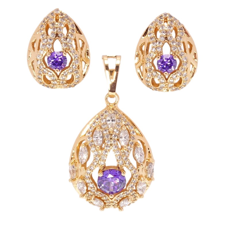 Набор Xuping Позолота 18K Серьги Кулон Элегантные капельки с цирконием и сиреневыми фианитами фото №10