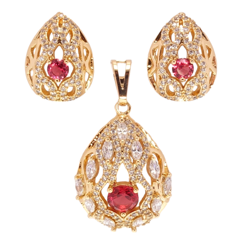 Набор Xuping Позолота 18K Серьги Кулон Элегантные капельки с цирконием и малиновыми фианитами фото №1