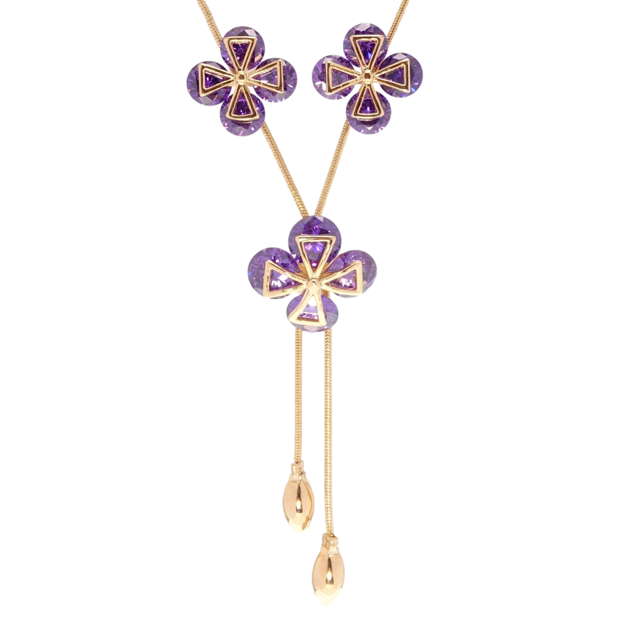 Набор Xuping Позолота 18K Серьги Бегунок на цепочке Сиреневые кристальные четырехлистники длина 51-54см х фото №1