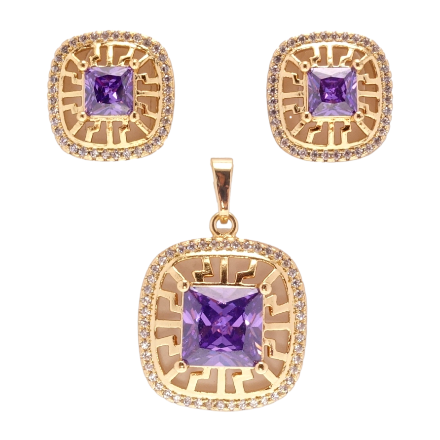Набор Xuping Позолота 18K Серьги Кулон Квадраты с сиреневыми кристаллами и меандровым узором фото №1