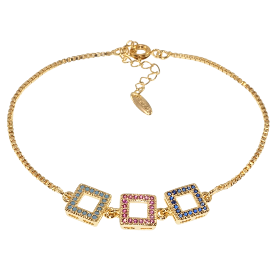 Браслет Xuping Позолота 18K Три квадрати з кольоровим цирконієм довжина з дод. ланцюжком 17-20см х 1мм фото №1