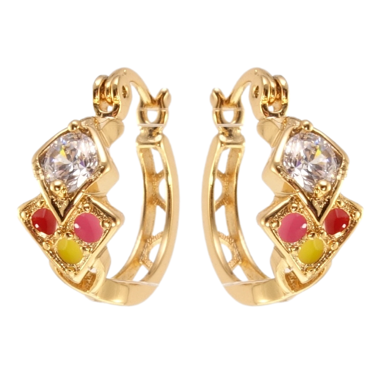 Сережки Xuping Позолота 18K замок-шпилька Декоративні колечка з візерунком емаллю та цирконієм ø 1,5см фото №1 Сережки Xuping Позолота 18K замок-шпилька Декоративні колечка з візерунком емаллю та цирконієм ø 1,5см фото №1