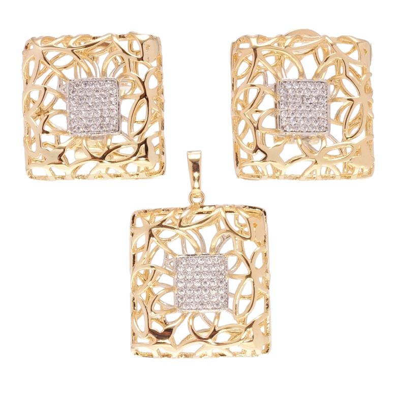 Набор Xuping Позолота + Родий Серьги Кулон Крупные ажурные квадраты с цирконием фото №1