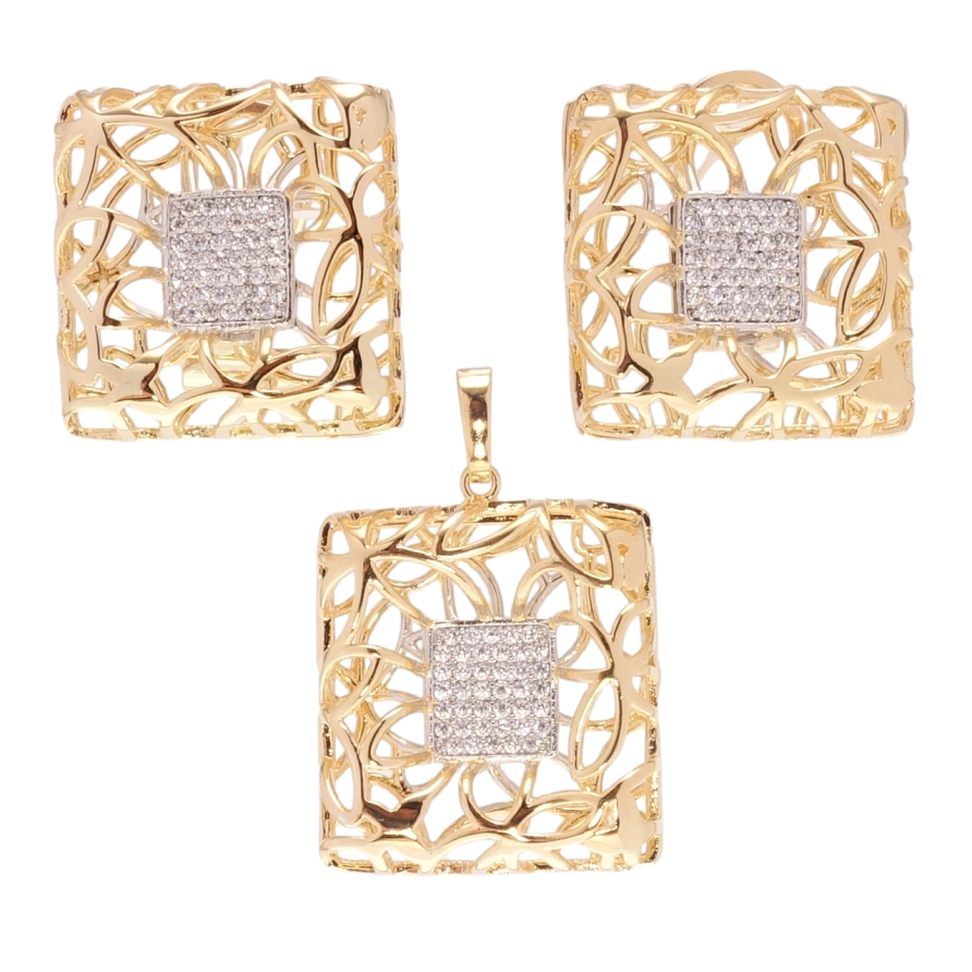 Набор Xuping Позолота + Родий Серьги Кулон Крупные ажурные квадраты с цирконием фото №1