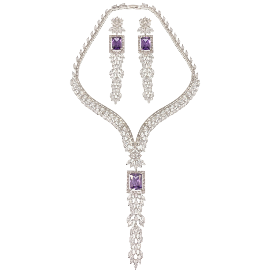 Набор Xuping Родий Серьги Колье Композиция из бело-сиреневых фианитов размер 42см х 7-11мм фото №1
