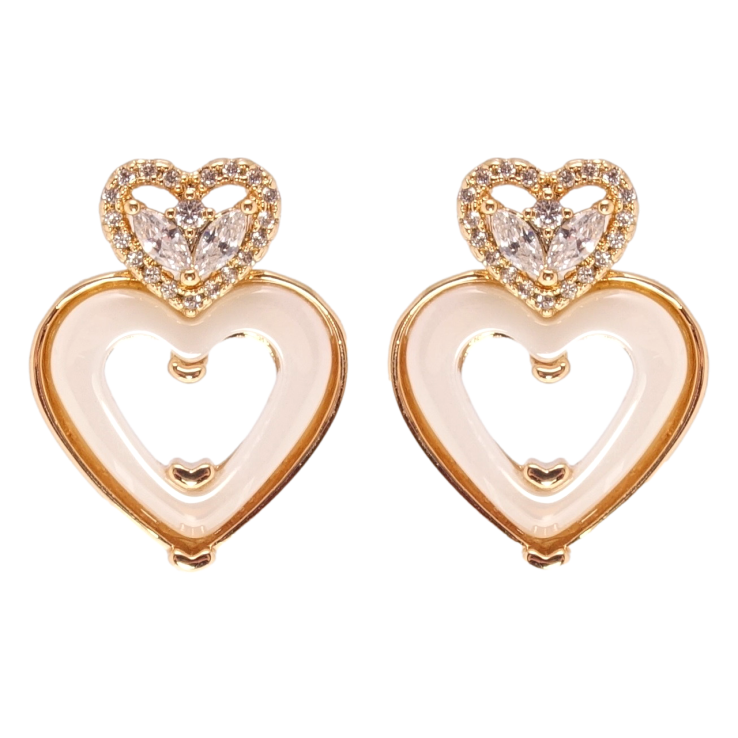 Серьги Xuping Позолота 18K пусеты Сердечки с белой керамикой и фианитами фото №19