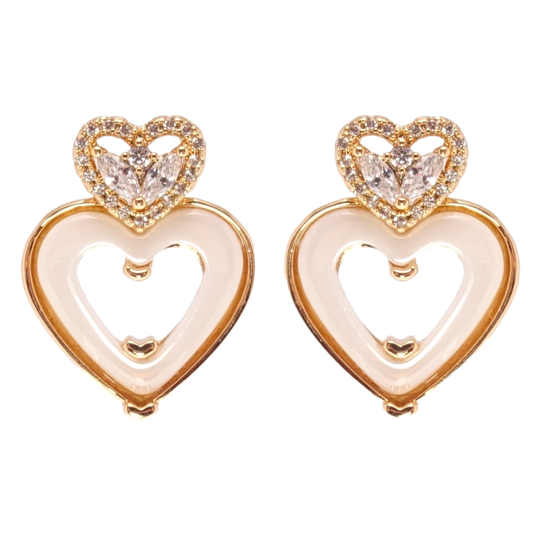 Серьги Xuping Позолота 18K пусеты Сердечки с белой керамикой и фианитами фото №1