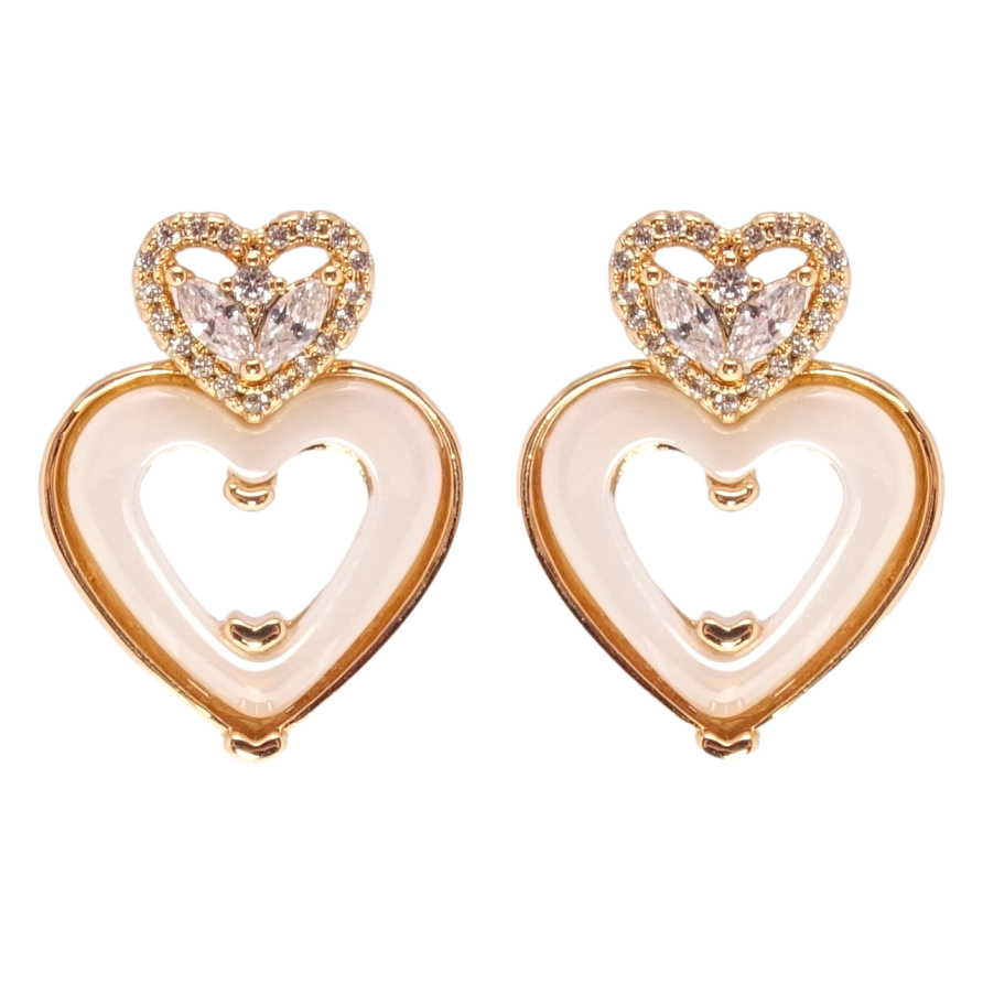 Серьги Xuping Позолота 18K пусеты Сердечки с белой керамикой и фианитами фото №1