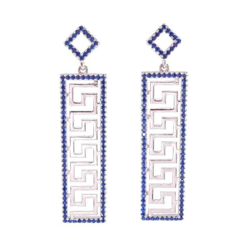 Сережки Xuping Родій пусети Грецький орнамент в обрамленні синього цирконію фото №2