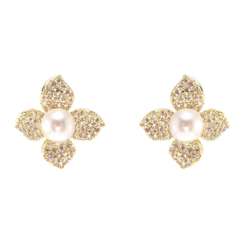 Серьги Xuping QQMM Позолота 14K пусеты Цветочки с инкрустацией цирконием и жемчугом фото №17