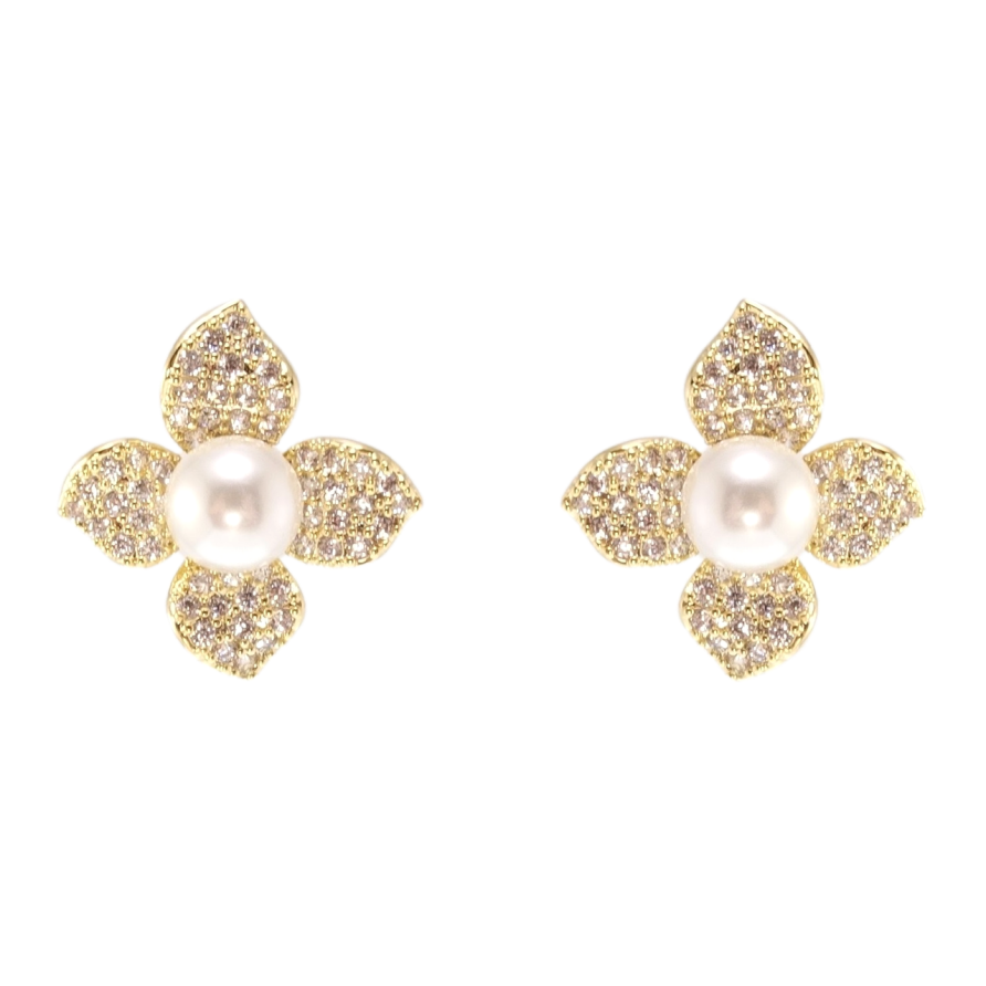 Сережки Xuping QQMM Позолота 14K пусети Квіточки з інкрустацією цирконієм та перлами фото №1