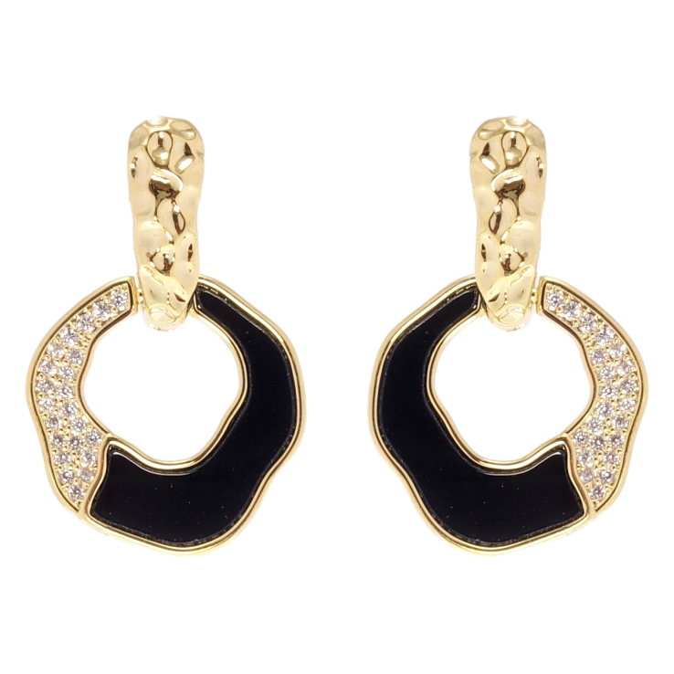 Сережки Xuping QQMM Позолота 14K пусети колечки з чорними вставками та цирконієм фото №13