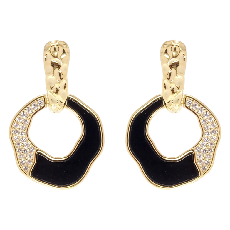 Сережки Xuping QQMM Позолота 14K пусети колечки з чорними вставками та цирконієм фото №1