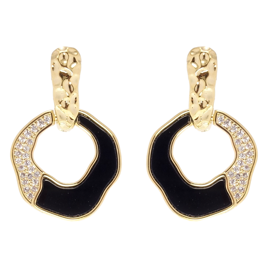 Сережки Xuping QQMM Позолота 14K пусети колечки з чорними вставками та цирконієм фото №1