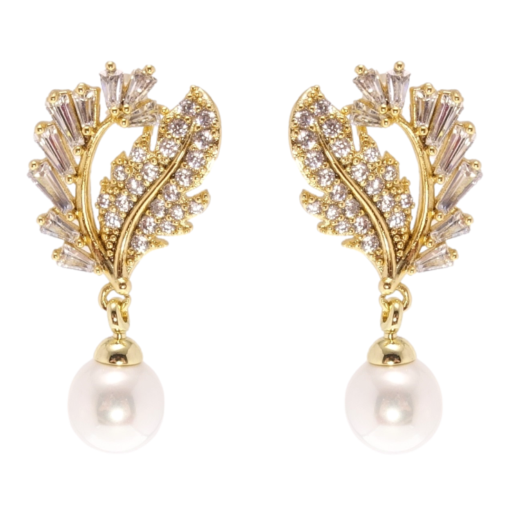 Сережки Xuping QQMM Позолота 14K пусети Листики інкрустація цирконієм із перловою підвіскою фото №5