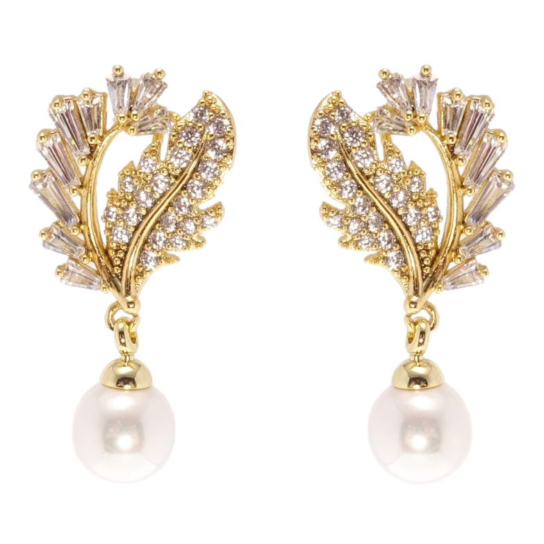 Серьги Xuping QQMM Позолота 14K пусеты Листики инкрустация цирконием с жемчужной подвеской фото №11