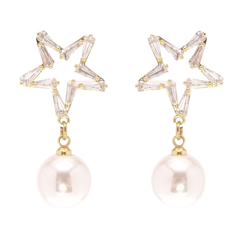 Серьги Xuping QQMM Позолота 14K пусеты Звезды с жемчужными подвесками фото №1