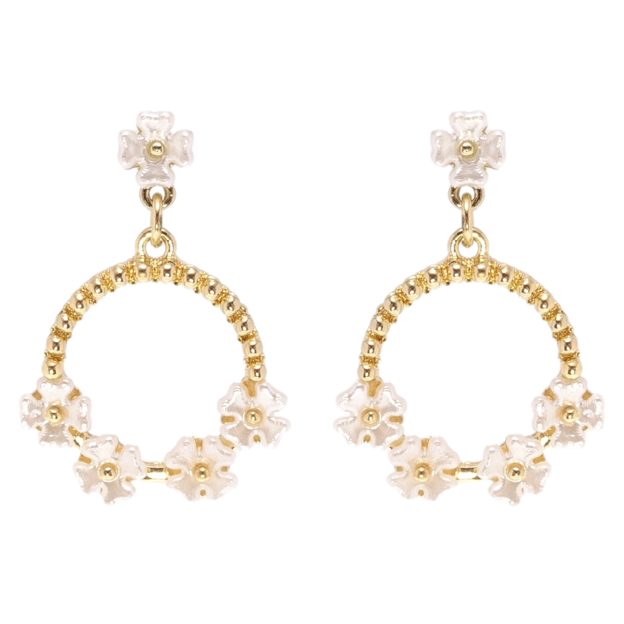 Сережки Xuping QQMM Позолота 14K пусети колечки з перламутровими квіточками фото №1