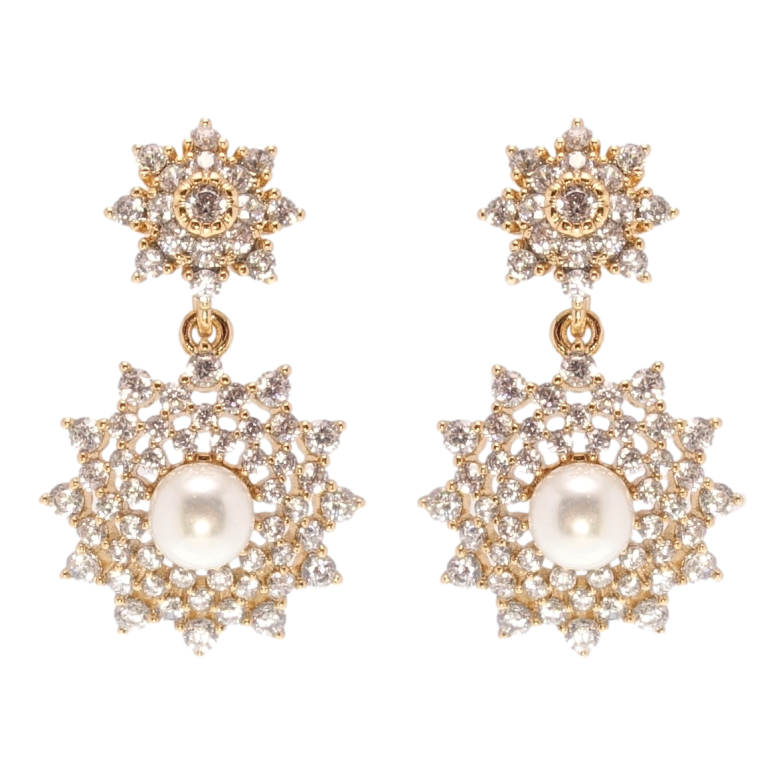 Серьги Xuping QQMM Позолота 18K пусеты Цветочки с цирконием и жемчугом фото №1