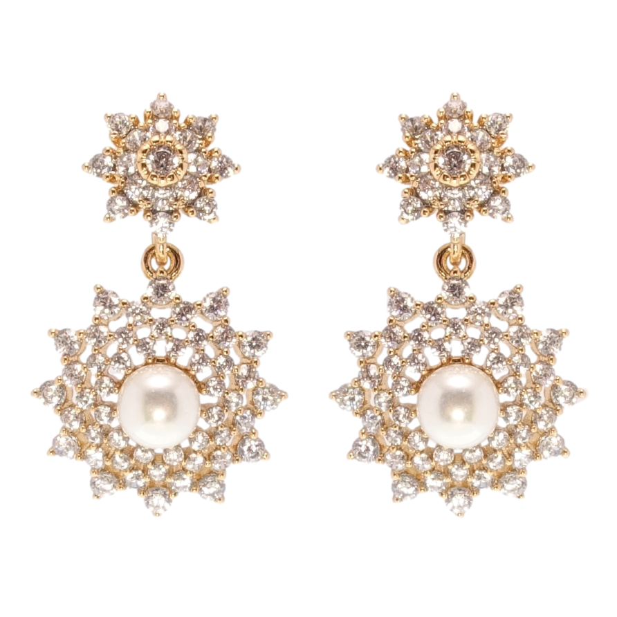 Серьги Xuping QQMM Позолота 18K пусеты Цветочки с цирконием и жемчугом фото №1