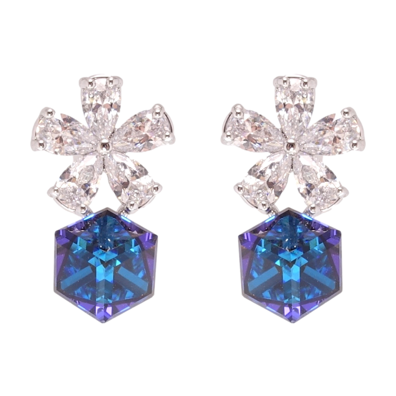 Серьги Xuping цвет Родий с кристаллами Swarovski пусеты Кристальные цветочки с кубиком Capri Blue фото №1