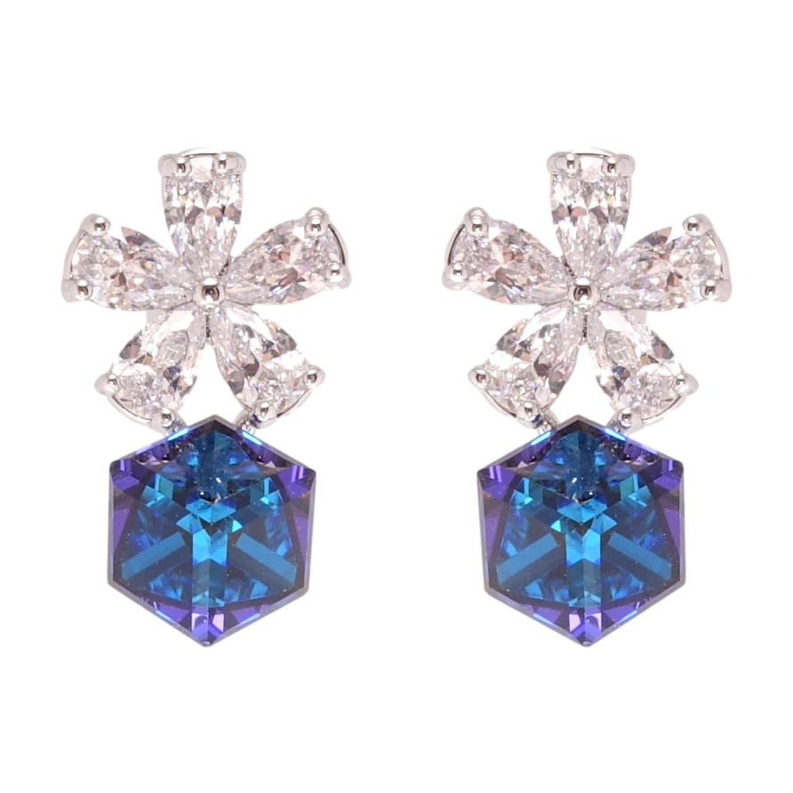 Сережки Xuping колір Родій з кристалами Swarovski пусети Кристальні квіточки з кубиком Capri Blue фото №1