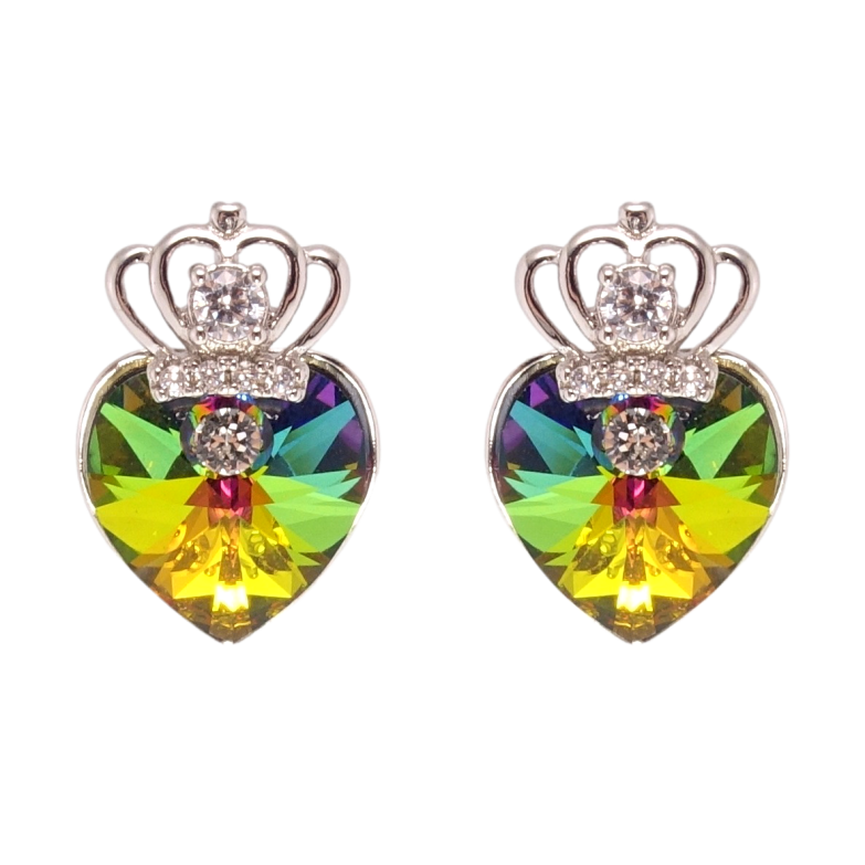Серьги Xuping цвет Родий с кристаллами Swarovski пусеты Кристальные сердечки Vitrail Medium с короной фото №1
