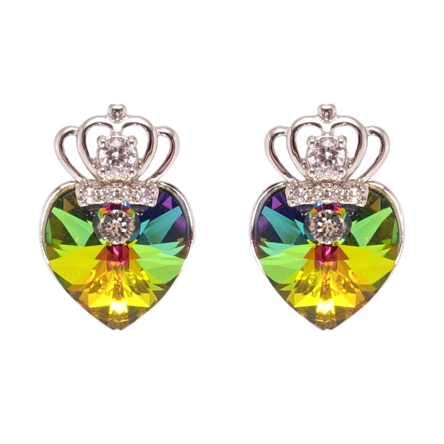 Сережки Xuping колір Родій з кристалами Swarovski пусети Кристальні серця Vitrail Medium з короною фото №1