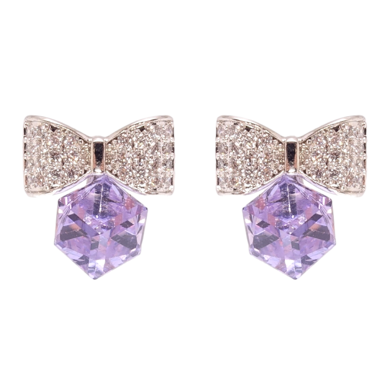 Серьги Xuping цвет Родий с кристаллами Swarovski пусеты Кристальные кубики Tanzanite на бантах фото №4