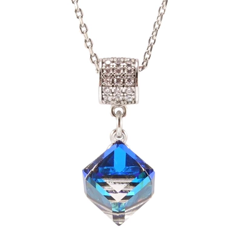 Кулон Xuping цвет Родий с кр-ми Swarovski на цепочке Кристальный куб Capri Blue длина 40-45,5см х 1мм фото №1