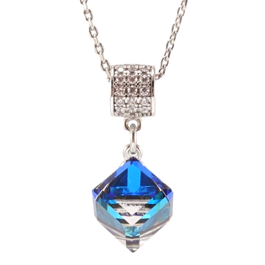 Кулон Xuping колір Родій з кр-ми Swarovski на ланцюжку Кристальний куб Capri Blue довжина 40-45,5см х 1мм фото №1