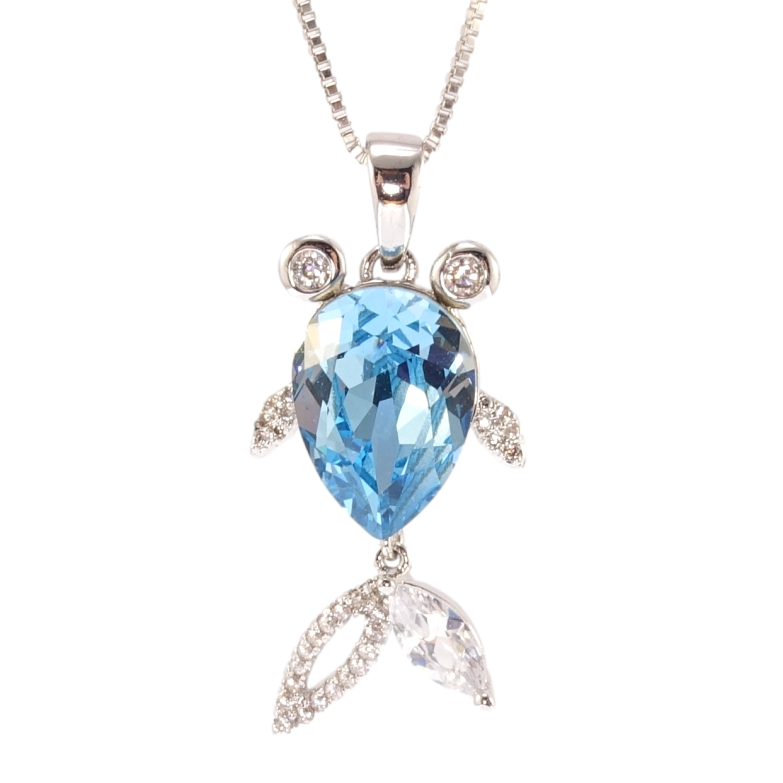 Кулон Xuping колір Родій з кр-ми Swarovski на ланцюжку Рибка кристал Aquamarine довжина 41,43,45см х 1мм фото №1