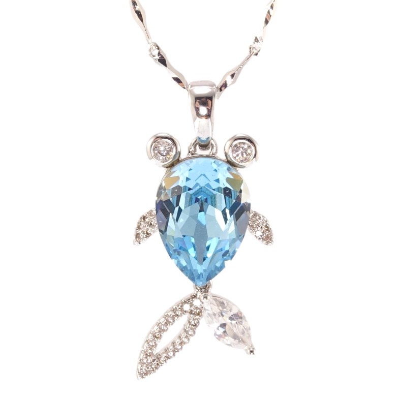 Кулон Xuping колір Родій з кр-ми Swarovski на ланцюжку Рибка кристал Aquamarine довжина 46,5-51,5см х 1мм фото №1