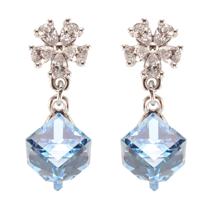 Сережки Xuping колір Родій з кристалами Swarovski пусети Квіточки з кристальними кубиками Aquamarine фото №10