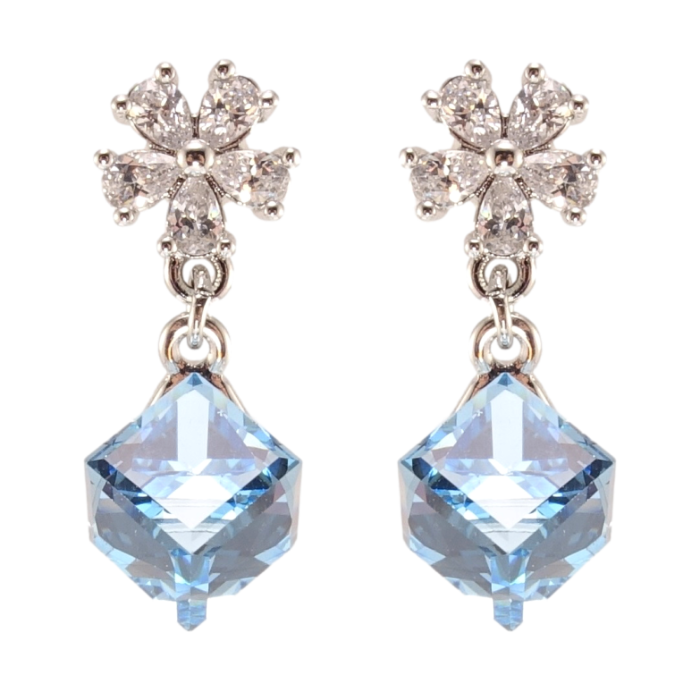 Серьги Xuping цвет Родий с кристаллами Swarovski пусеты Цветочки с кристальными кубиками Aquamarine фото №1