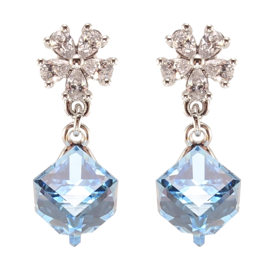 Сережки Xuping колір Родій з кристалами Swarovski пусети Квіточки з кристальними кубиками Aquamarine фото №1