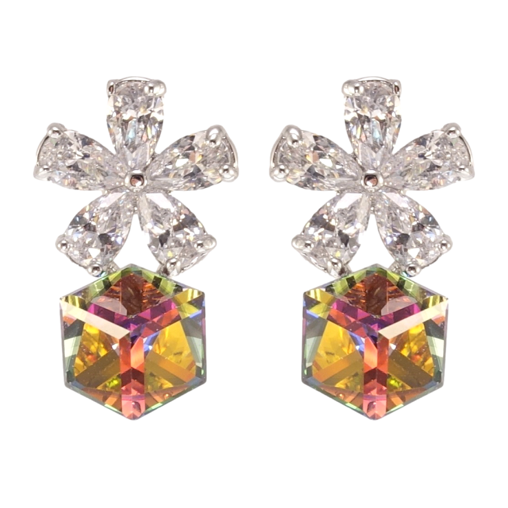 Сережки Xuping колір Родій з кристалами Swarovski пусети Квіточки з кристальними кубиками Vitrail Medium фото №19