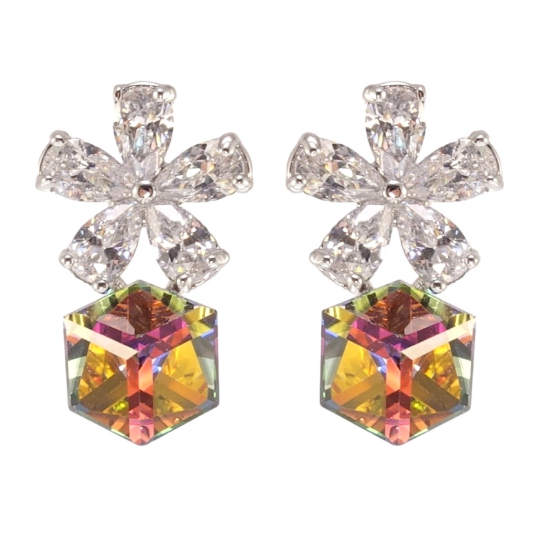 Серьги Xuping цвет Родий с кристаллами Swarovski пусеты Цветочки с кристальными кубиками Vitrail Medium фото №13