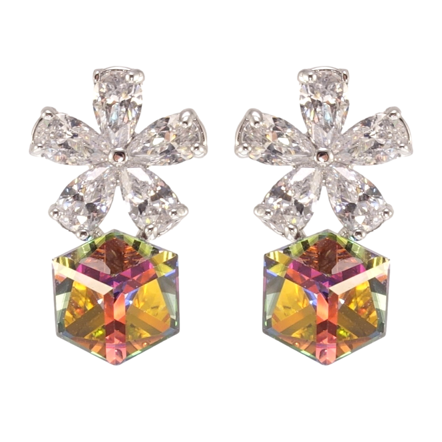 Сережки Xuping колір Родій з кристалами Swarovski пусети Квіточки з кристальними кубиками Vitrail Medium фото №1