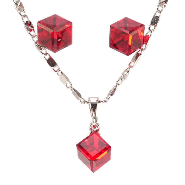 Набір Xuping колір Родій з кр-ми Swarovski Сережки Кулон на ланцюжку Кристали Light Siam 6х6мм довжина 39-44см х 2мм фото №1