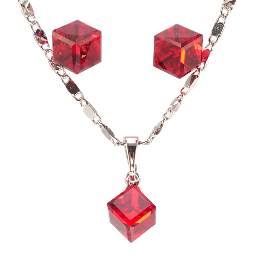 Набір Xuping колір Родій з кр-ми Swarovski Сережки Кулон на ланцюжку Кристали Light Siam 6х6мм довжина 39-44см х 2мм фото №1