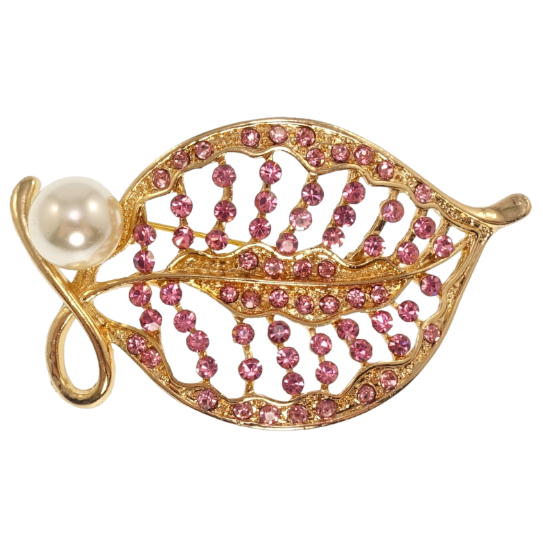 Брошь Листочек с розовыми стразами и жемчужиной фото №9