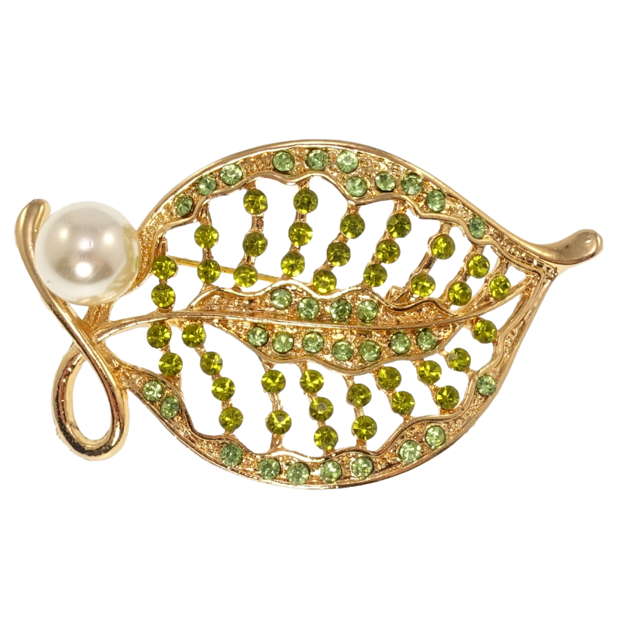 Брошка Листочок із зеленими стразами та перлиною фото №1