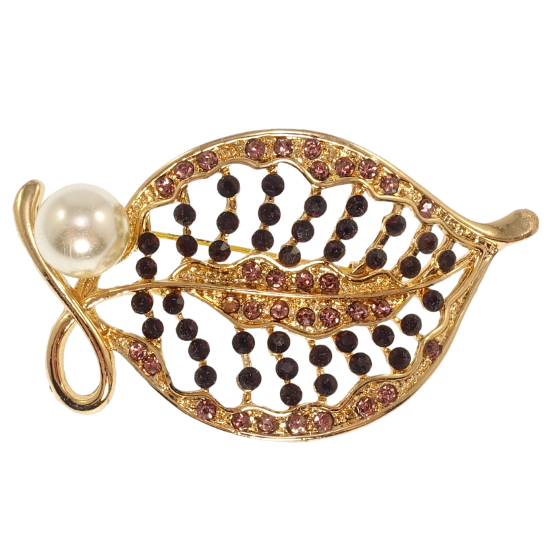 Брошка Листочок з чорними стразами та перлиною фото №1