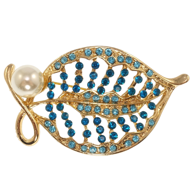 Брошь Листочек с синими стразами и жемчужиной фото №22
