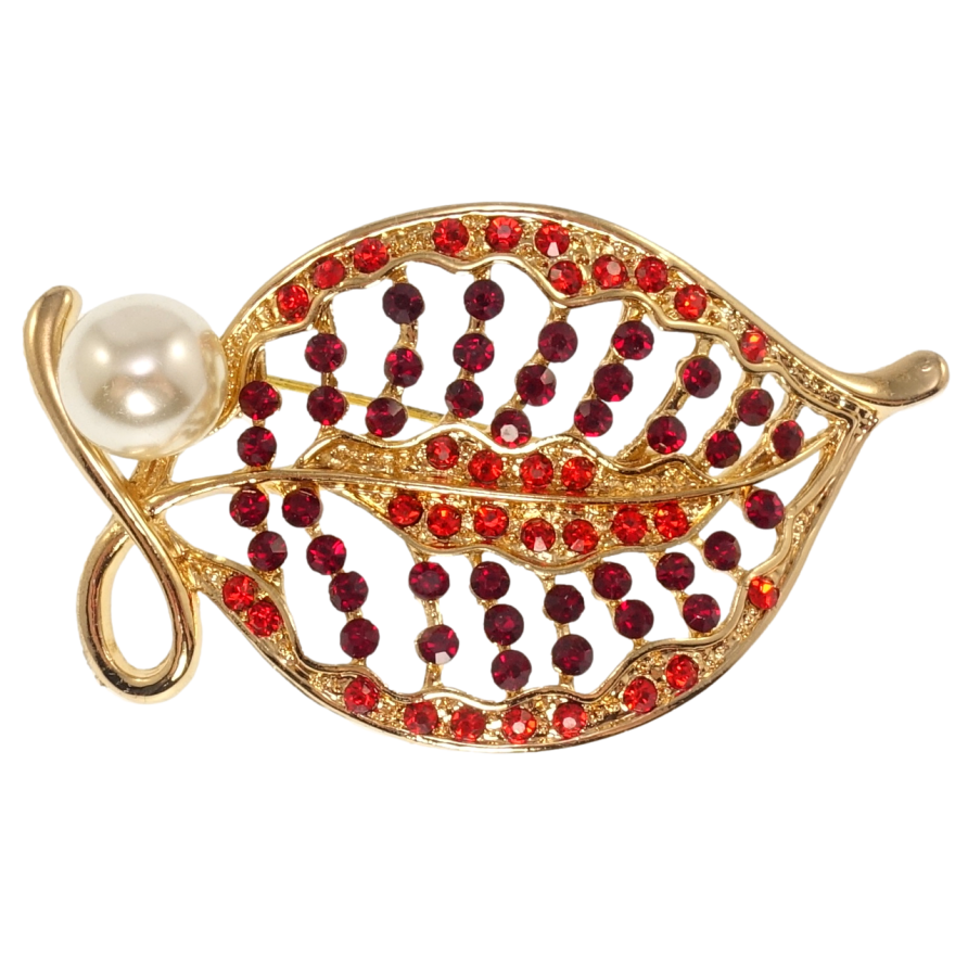 Брошь Листочек с красными стразами и жемчужиной фото №1