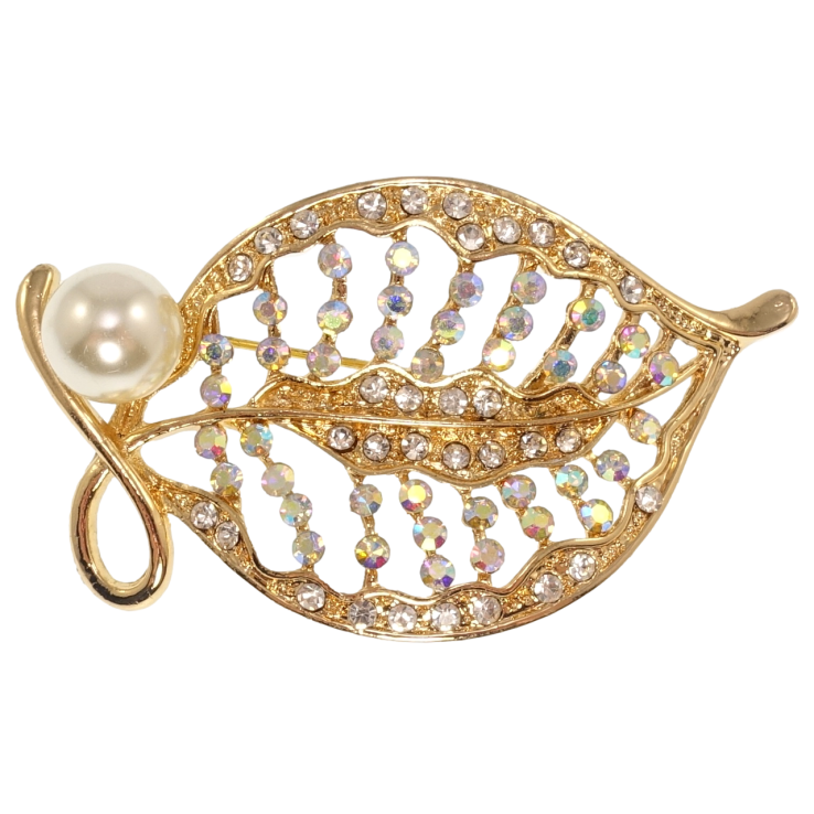 Брошь Листочек со стразами и жемчужиной фото №10