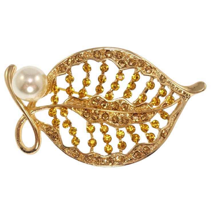 Брошь Листочек с золотыми стразами и жемчужиной фото №11