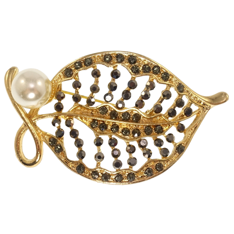 Брошка Листочок з чорними стразами та перлиною фото №17